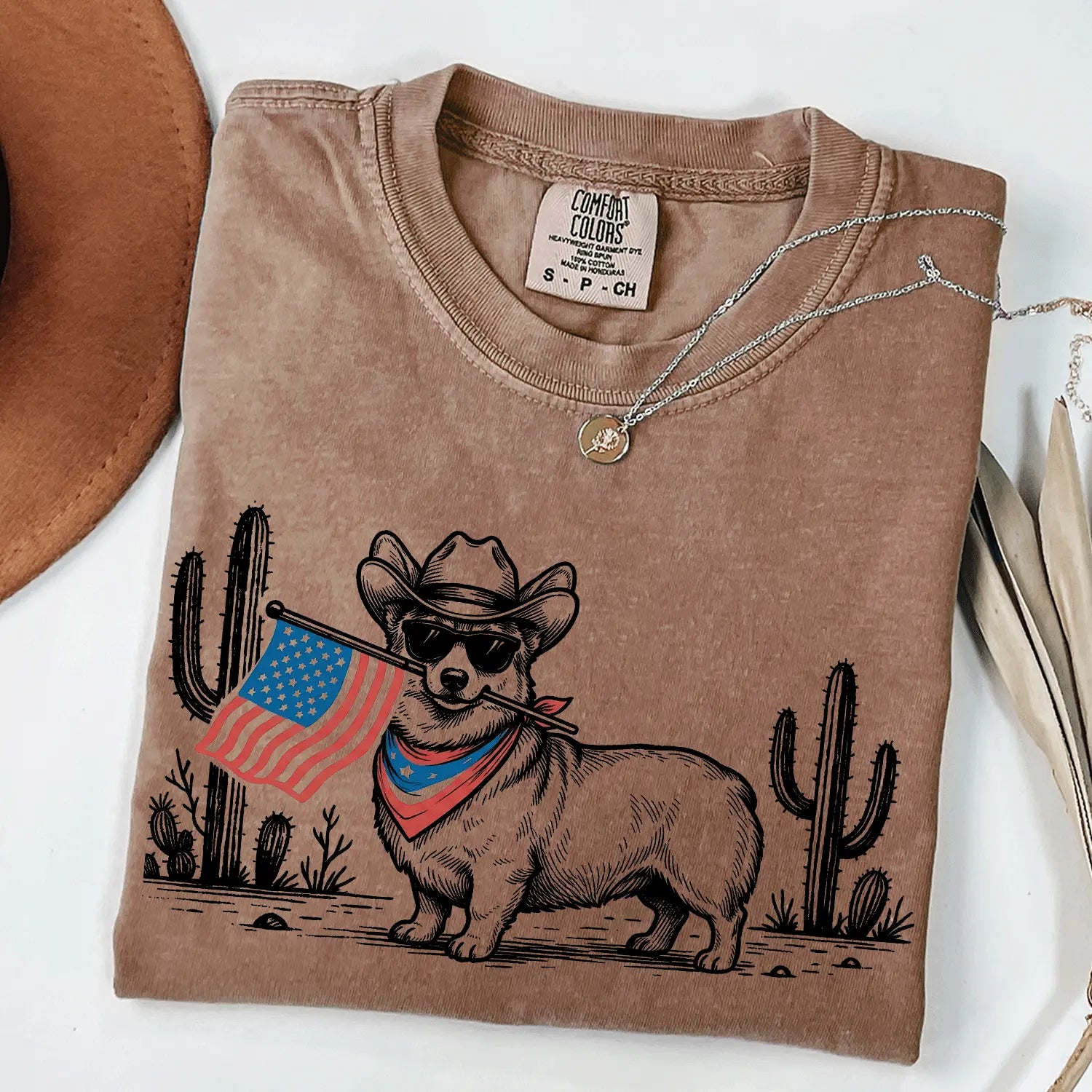Patriotic Dog Shirt by Comfort Colors for Over 50 Breeds - Western Cowboy Tee, Ideal 4th of July Gift for Dog Lovers, USA Flag Design
