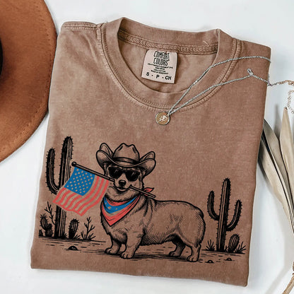 Patriotic Dog Shirt by Comfort Colors for Over 50 Breeds - Western Cowboy Tee, Ideal 4th of July Gift for Dog Lovers, USA Flag Design