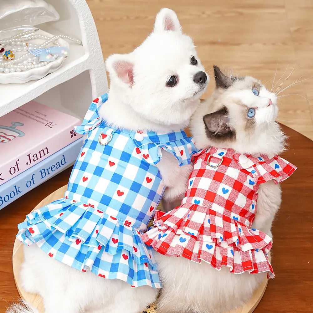 Elegant Pet Apparel for Dogs and Cats - Sleeveless Princess Dress with Flying Sleeves, Plaid Love Pattern, Breathable Fabric, Includes Leash Ring D00042