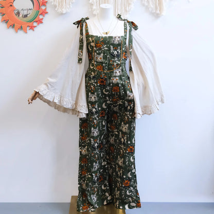 Celestial Cat and Moon Wide Leg Jumpsuit - Gothic Overalls and Witch-Inspired Bohemian Romper for Fall/Winter - Handmade Earthy Whimsy Outfit
