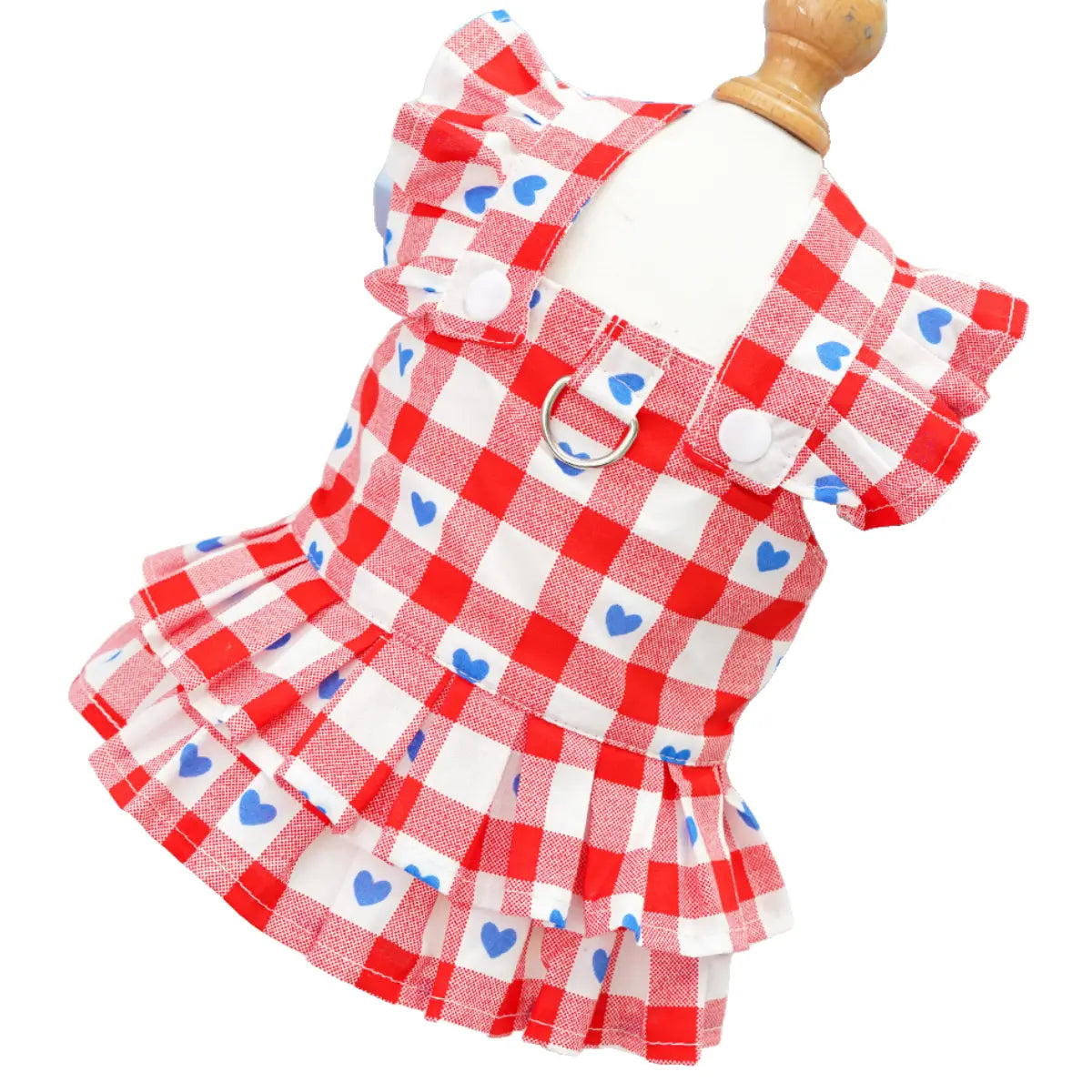 Elegant Pet Apparel for Dogs and Cats - Sleeveless Princess Dress with Flying Sleeves, Plaid Love Pattern, Breathable Fabric, Includes Leash Ring D00042