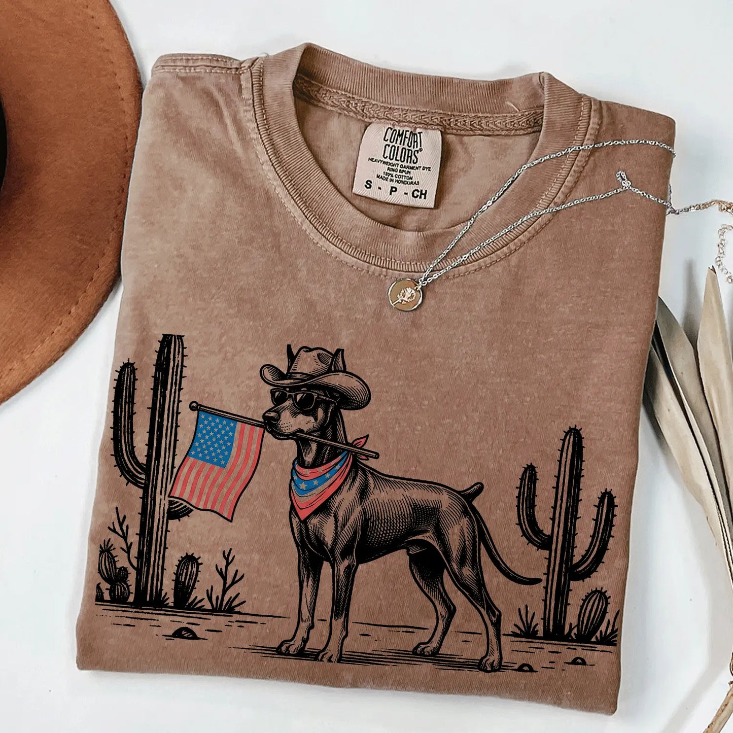 Patriotic Dog Shirt by Comfort Colors for Over 50 Breeds - Western Cowboy Tee, Ideal 4th of July Gift for Dog Lovers, USA Flag Design