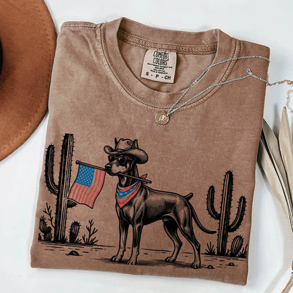 Patriotic Dog Shirt by Comfort Colors for Over 50 Breeds - Western Cowboy Tee, Ideal 4th of July Gift for Dog Lovers, USA Flag Design